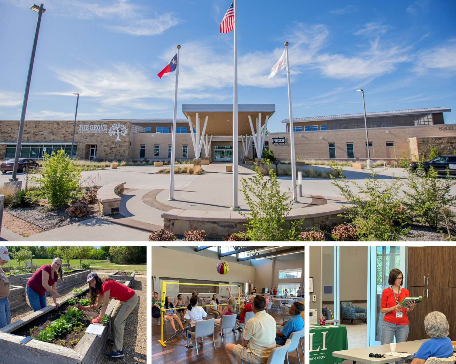 Collage of photos featuring the outside of the building, volunteers working in the community garden, chair volleyball, and a volunteer leading a class.