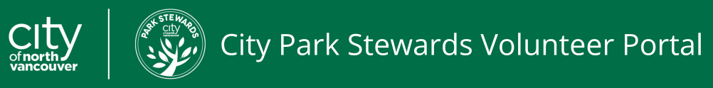City of North Vancouver logo, City Park Stewards Logo, english text: Volunteer with City Park Stewards