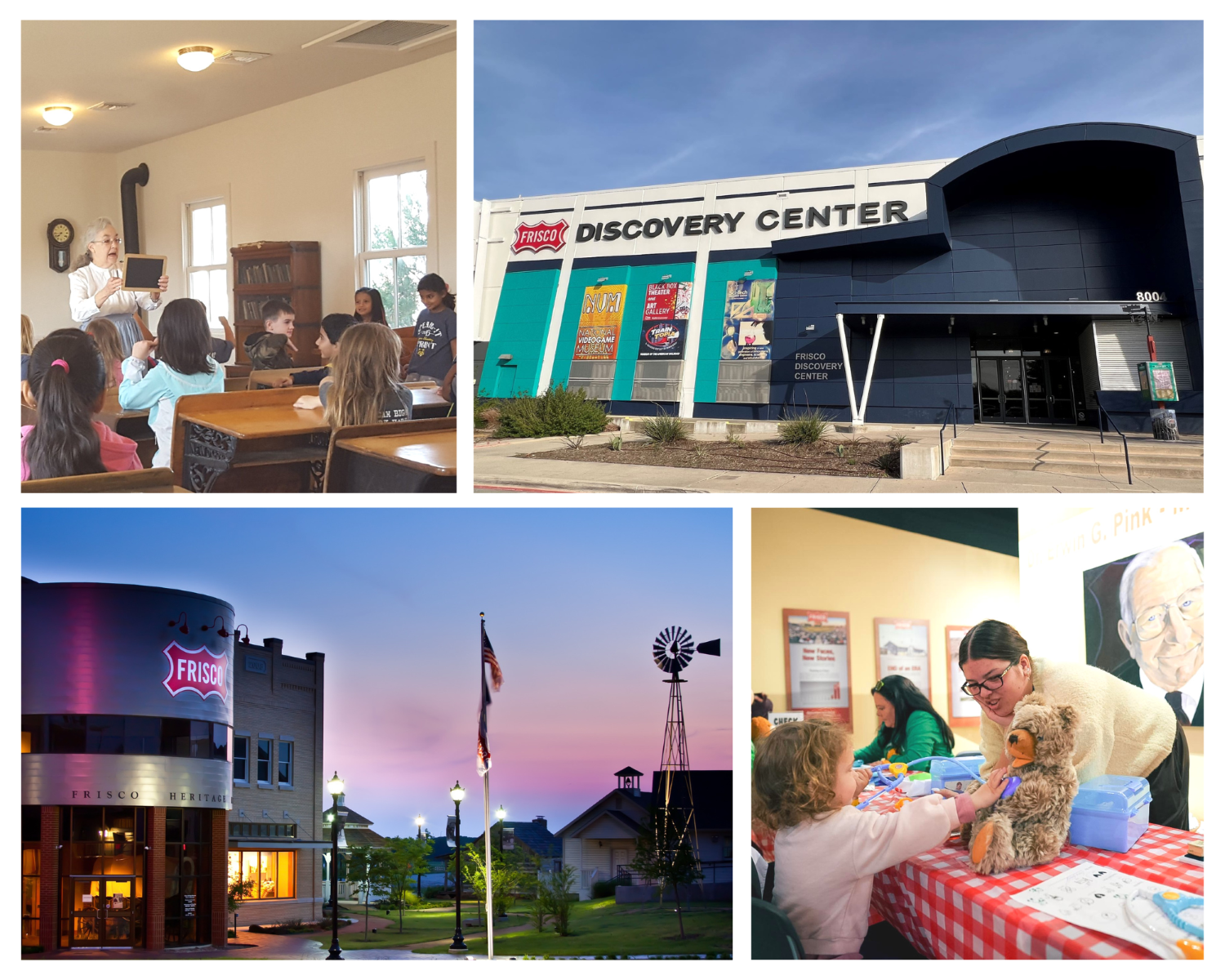 A photo collage of the Frisco Discovery Center, Frisco Heritage Museum, a group of volunteers standing in front of the Heritage Museum holding gardening supplies, and a photo of a museum docent leading a lesson in the school house at the heritage center.