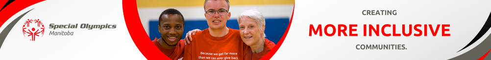 Banner featuring Special Olympics Manitoba's logo with happy, smiling volunteers