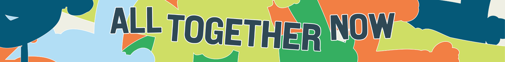 Brightly coloured interweaving figures interlock and dance in the background. The words 'All Together Now' are pictured in front in blue