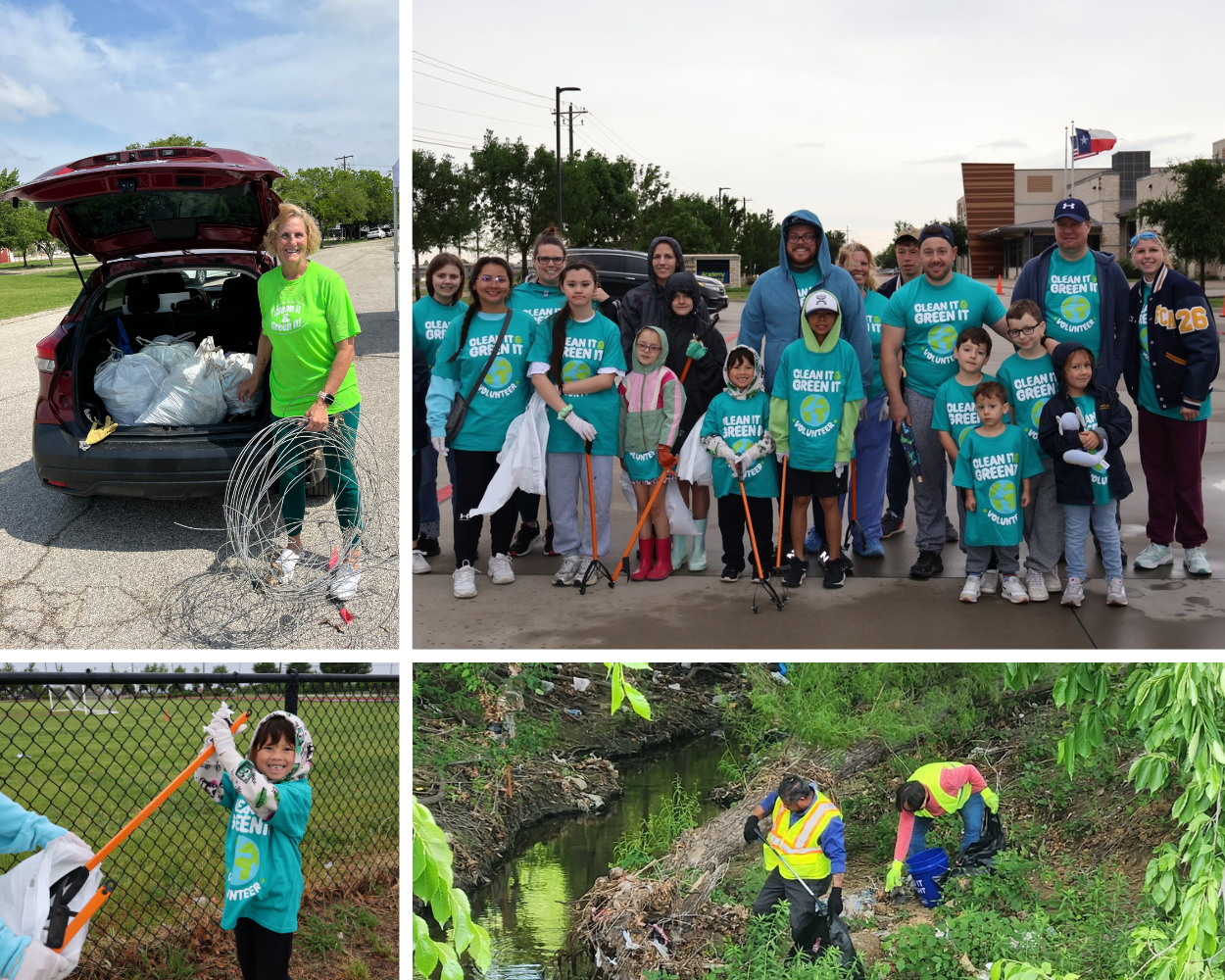 A collage of photos that include peopel volunteering to pick up litter.