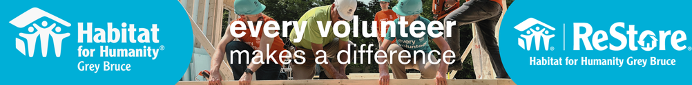Habitat for Humanity Grey Bruce & ReStore Banner: Logos with a photo of Volunteers assisting on Build Site