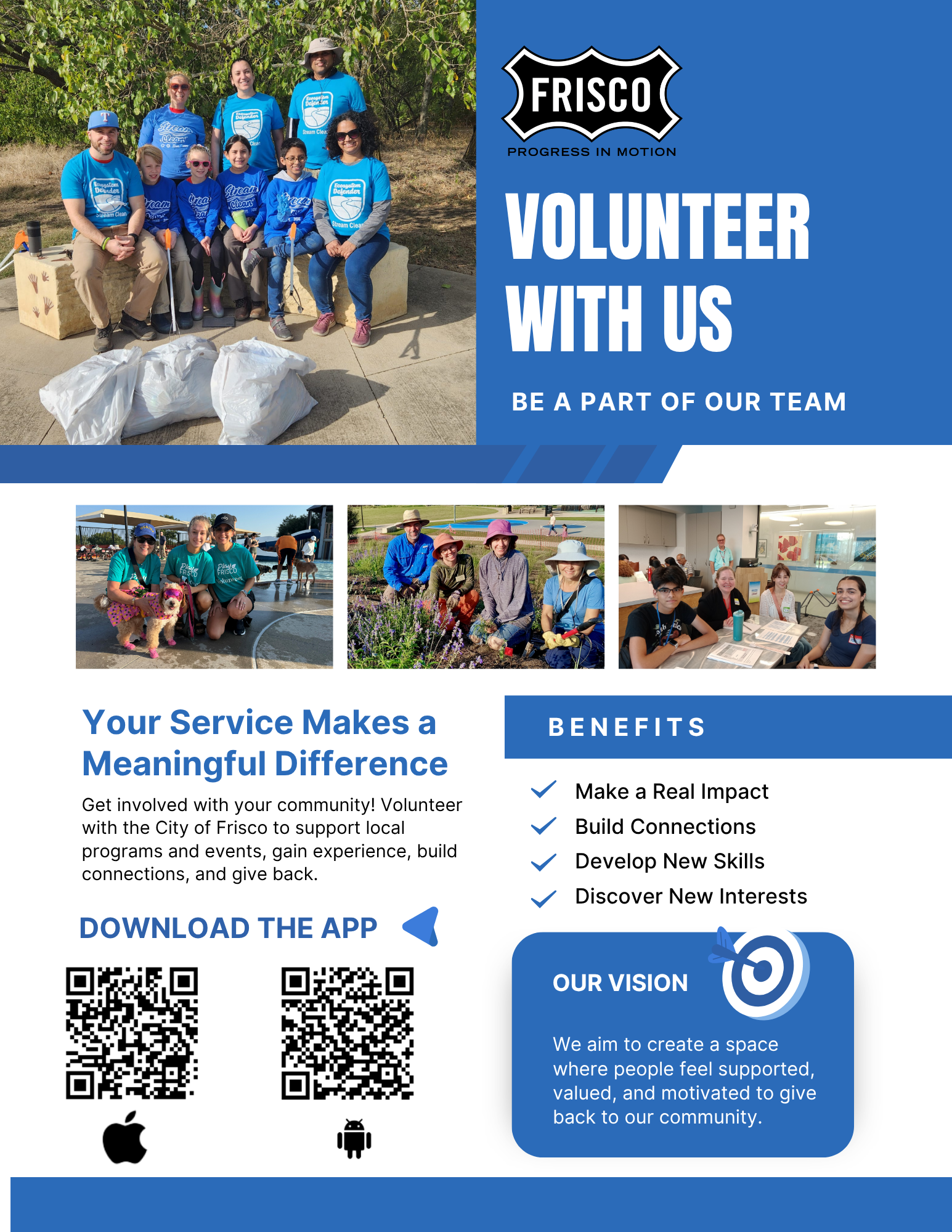 Front of 2025 Annual Report. It has three photos of volunteers serving at the library, at the Frisco Community Parade, and at Frisco Fire Safety Town.