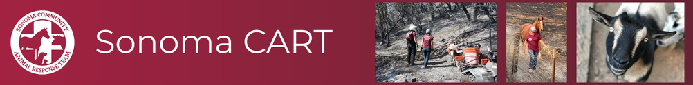 Graphic with Sonoma Community Animal Response Team logo, the words Sonoma CART and a photo of CART in an area that has been burned, a photo of a woman and a horse, and a black and white goat. 