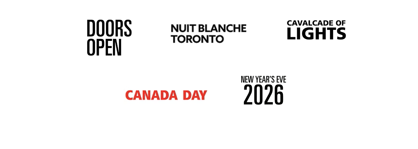 Logos for the various City Cultural Events produced by our program. Including Doors Open, Nuit Blanche Toronto, Cavalcade of Lights, Canada Day and New Year's Eve 2026